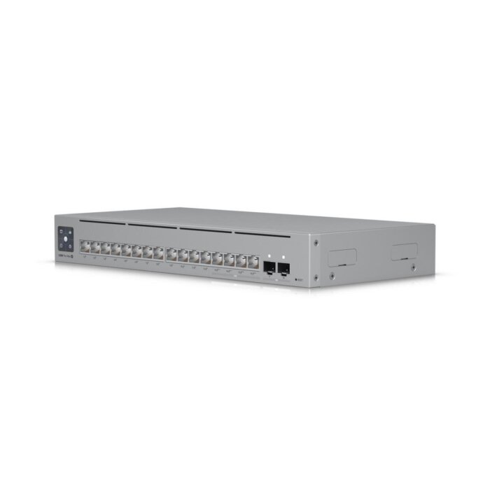 Der Ubiquiti USW-Pro-Max-16-POE Switch von vorne, damit du alle 16 PoE-Ports und das scharfe 1.3-Zoll-Touch-Display siehst.