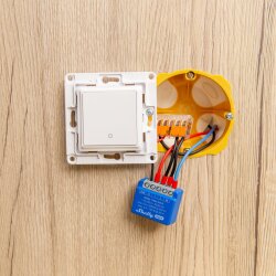 Assembly view of Shelly 1 Mini Gen4 in the back of a light switch