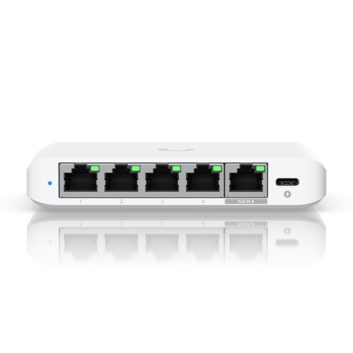 Ubiquiti UniFi Switch Flex Mini 2.5G (USW-Flex-2.5G-5) in weißer Frontalansicht.