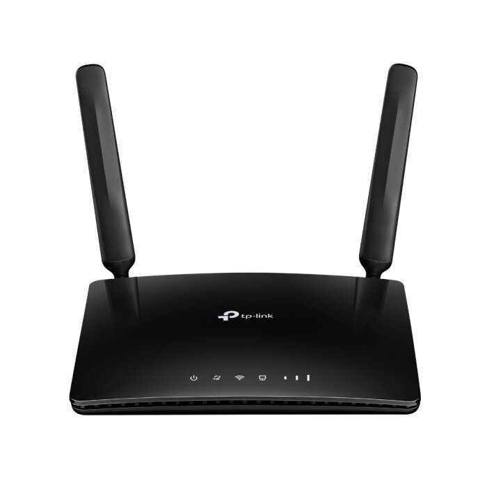TP-Link Archer MR200 AC750 4G LTE Router in der Frontansicht mit leuchtenden Status-LEDs.