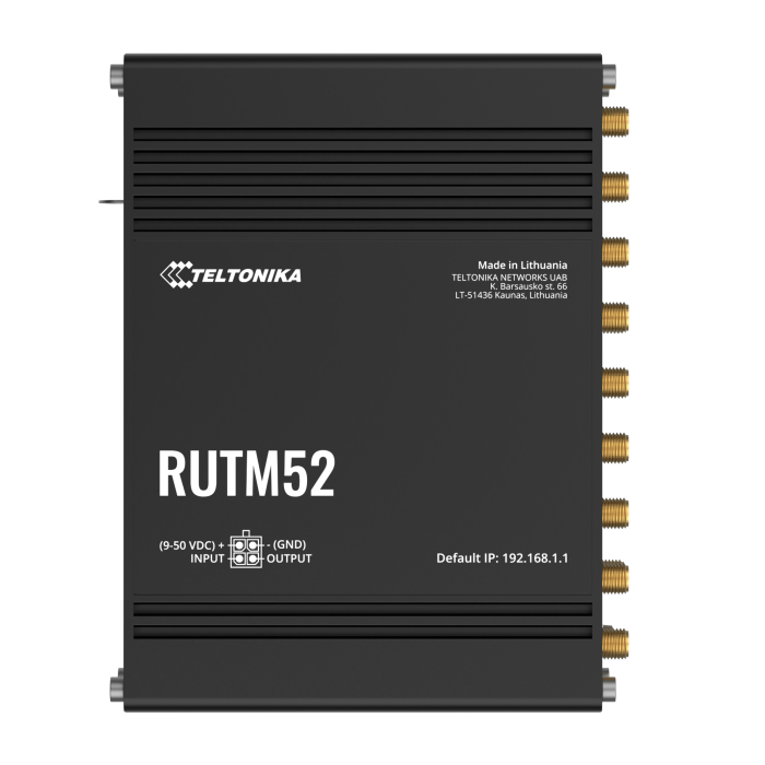 Teltonika RUTM52 Dual 5G Industrial Router in frontal view with all LED indicators.