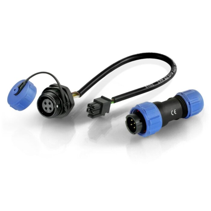 QuWireless QuPS4 Strom- und I/O-Anschluss für Teltonika Router, bestehend aus wasserdichter Buchse und 4-Pin Stecker.