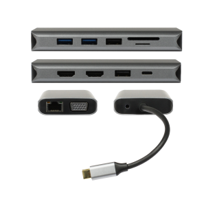 Plusonic PSUC0216 USB-C Docking Adapter - 8in1 Hub, Gigabit Ethernet, HDMI, VGA, USB, Cinch