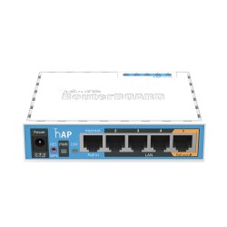 Rückseite des Mikrotik hAP mit 5 RJ-45 Ports