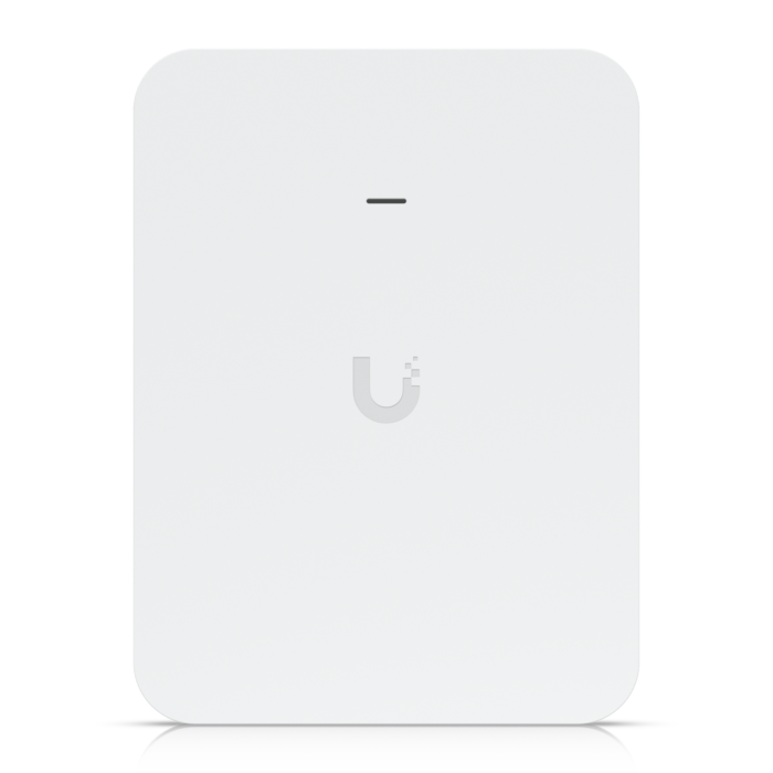 Frontansicht des Ubiquiti UniFi U7 Pro Wall Access Points mit minimalistischem weißen Gehäuse und blauer LED-Statusanzeige.