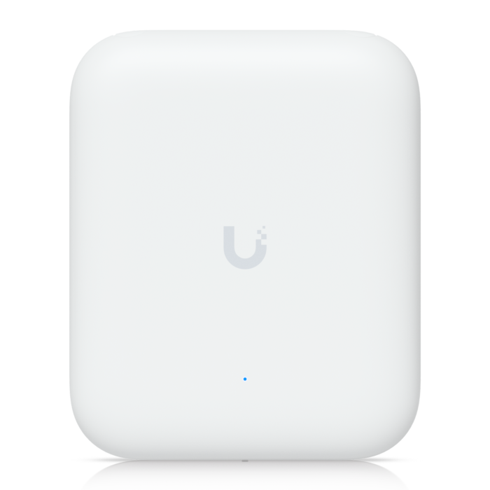 Front view of the weatherproof Ubiquiti UniFi U7-Outdoor WiFi 7 Access Point with LED status indicator, ideal for robust Network solutions.