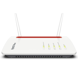 FRITZ!Box 6850 5G Frontansicht mit leuchtenden Status-LEDs