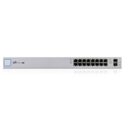 Frontale Ansicht auf den Switch mit 16 x RJ45 Ports und...