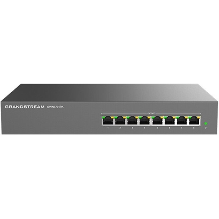 Grandstream GWN7701PA 8-Port Gigabit PoE+ Switch in rack-mount view, ideal for small offices and home office networks.