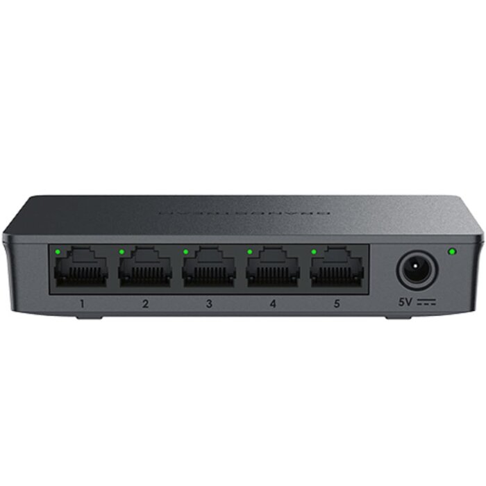 Grandstream GWN7700 5-Port Gigabit Unmanaged Switch on a desk, showing its compact size and easy connectivity options for home networks.