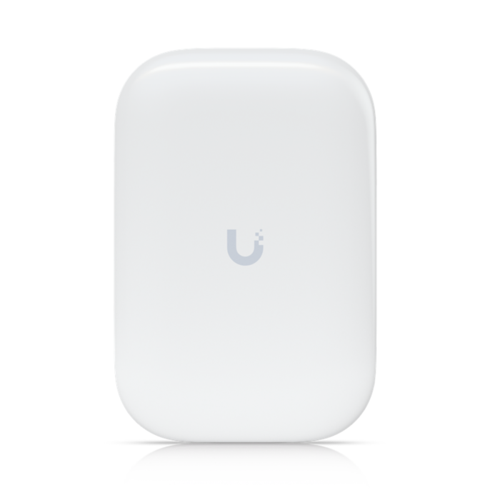 Vorderansicht des kompakten Ubiquiti UniFi UK-Ultra Access Points mit weißem, wetterfestem IPX6-Gehäuse.