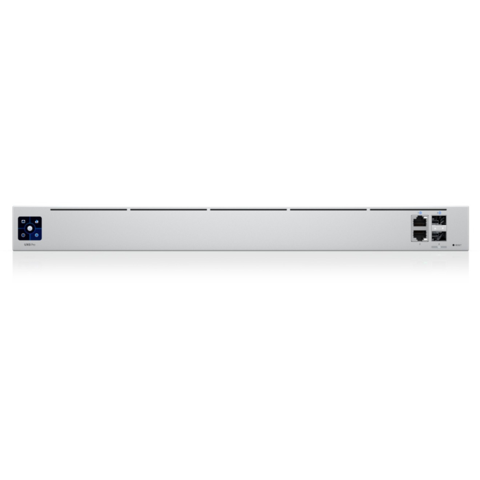 Front view of the Ubiquiti UniFi UXG-Pro Security Gateway in 1U rack format with a 1.3-inch color touchscreen, ideal for 19-Inch Racks.