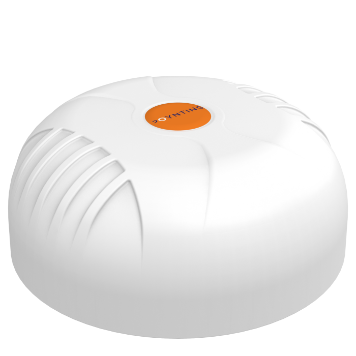 White Poynting MIMO-4-19 9-in-1 antenna mounted on a vehicle roof, ideal for 5G LTE and 4x4 WiFi.