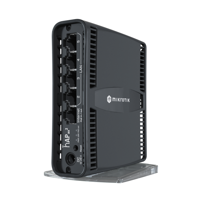 MikroTik hAP ax² Dual-Band WiFi 6 Router in white casing, front view.