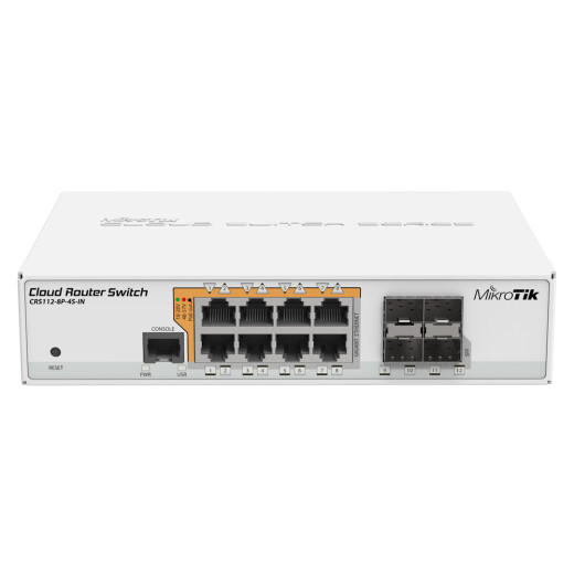 Back of the MikroTik CRS112-8P-4S-IN with DC-In sockets
