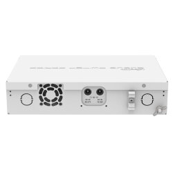 Back of the MikroTik CRS112-8P-4S-IN with DC-In sockets