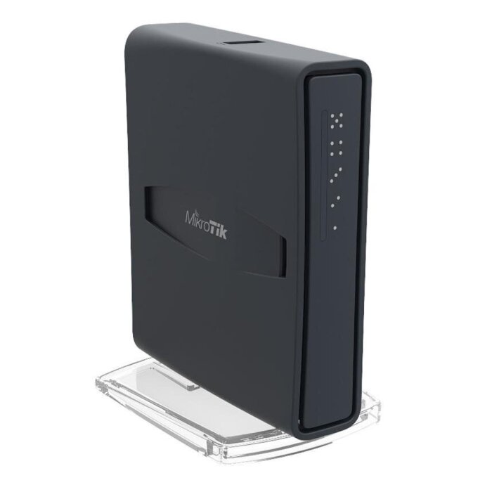 MikroTik hAP ac lite TC WLAN Router in tower case, front view with LEDs and ports