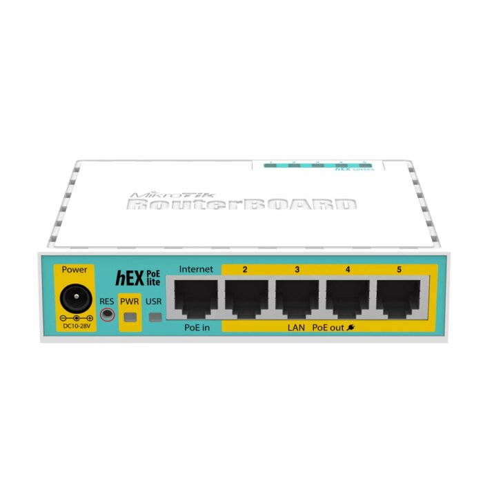 Compact MikroTik hEX PoE lite Router RB750UPr2 in front view