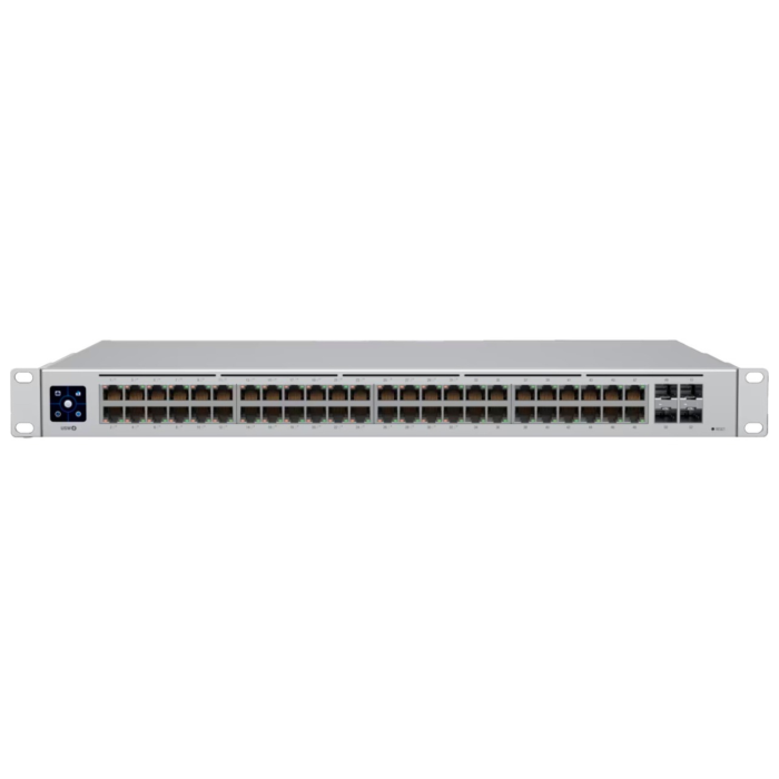 Ubiquiti UniFi Switch 48 PoE (Modell USW-48-POE) in Frontalansicht.