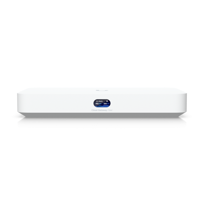 Front view of the compact Ubiquiti UniFi UCG-Fiber Cloud Gateway with illuminated LCM status display.