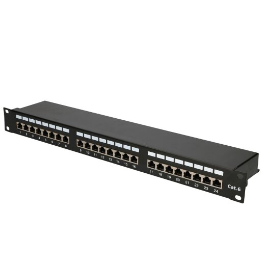 CAT.6 STP Patchpanel mit 24 Ports in schwarzem 19 Zoll 1HE Gehäuse
