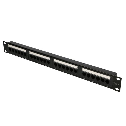 CAT.6 UTP Patchpanel mit 24 Ports in schwarzem 1HE Gehäuse