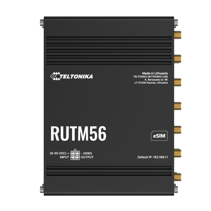 Teltonika RUTM56 Industrie 5G Dual-Modem Router in Frontalansicht.