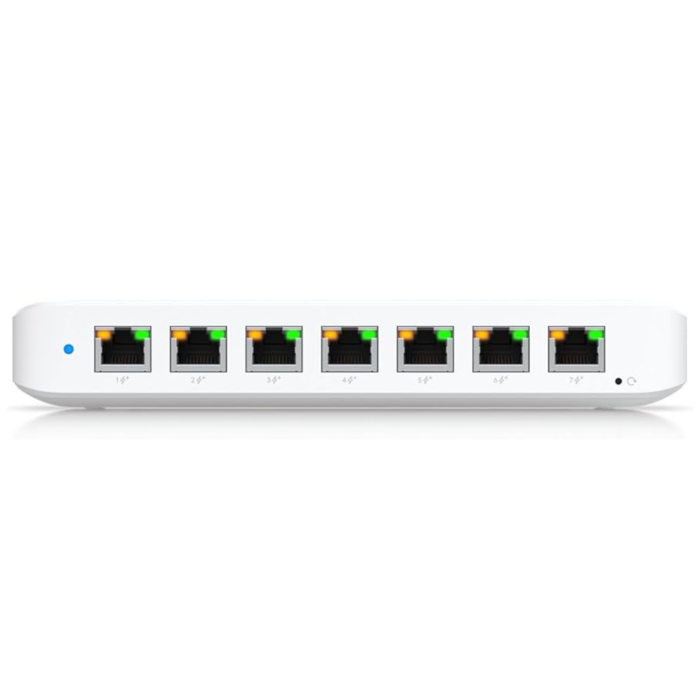 Ubiquiti UniFi Switch Ultra 60W (USW-Ultra-60W) in der Frontansicht mit allen 8 Gigabit-Ethernet-Ports.