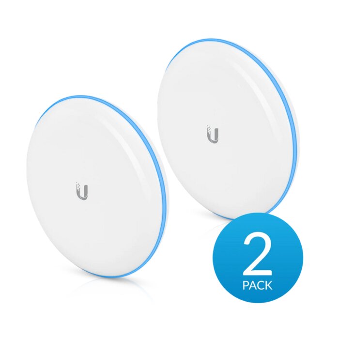 Frontansicht der Ubiquiti UniFi UBB-EU Building-to-Building Bridge mit LED-Statusring zur einfachen Ausrichtung.