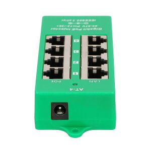 Detailansicht des Extralink Injectors mit Kennzeichnung der 802.3at PoE+ und Gigabit-Fähigkeit