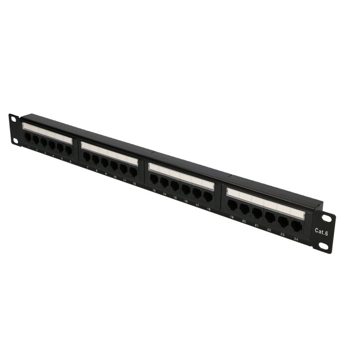 CAT.6 UTP Patchpanel mit 24 Ports in schwarzem 1HE Gehäuse
