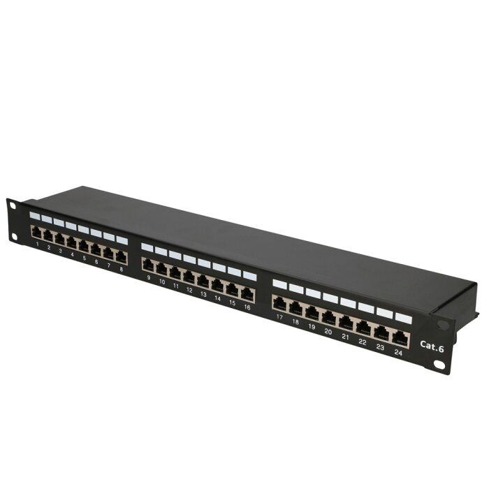 CAT.6 STP Patchpanel mit 24 Ports in schwarzem 19 Zoll 1HE Gehäuse