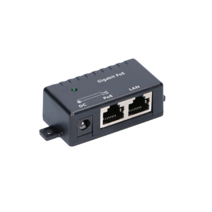 Passiver Gigabit PoE Injector mit 1000 Mbps zur Stromversorgung von Netzwerkgeräten über LAN-Kabel.