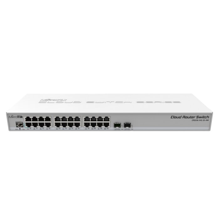 MikroTik CRS326-24G-2S+RM Cloud Router Switch, a powerful MikroTik Router and MikroTik Switch, in front view