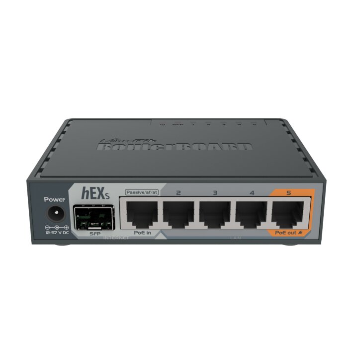 MikroTik hEX S (RB760iGS) Gigabit Ethernet Router in front product view, suitable for various Network applications.
