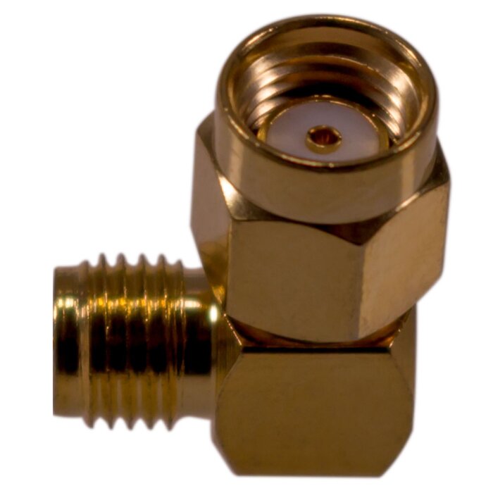 Angled coaxial adapter with RP-SMA male to SMA female