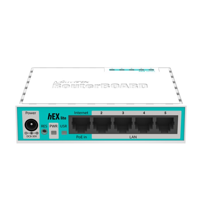 Kompakter MikroTik hEX lite RB750r2 Ethernet-Router mit 5 Ports in der Vorderansicht.