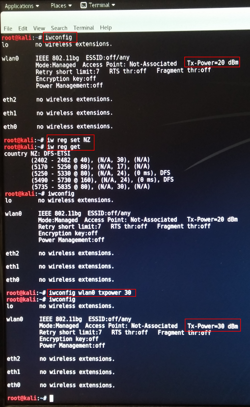 Sendeleistung unter Linux Kali einstellen