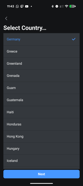 Land auswählen und bestätigen